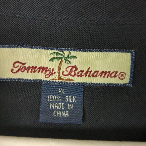 Tommy Bahama Silk Shirt Mens XL Black Embroidered Bikinitini Retro - Picture 2 of 6